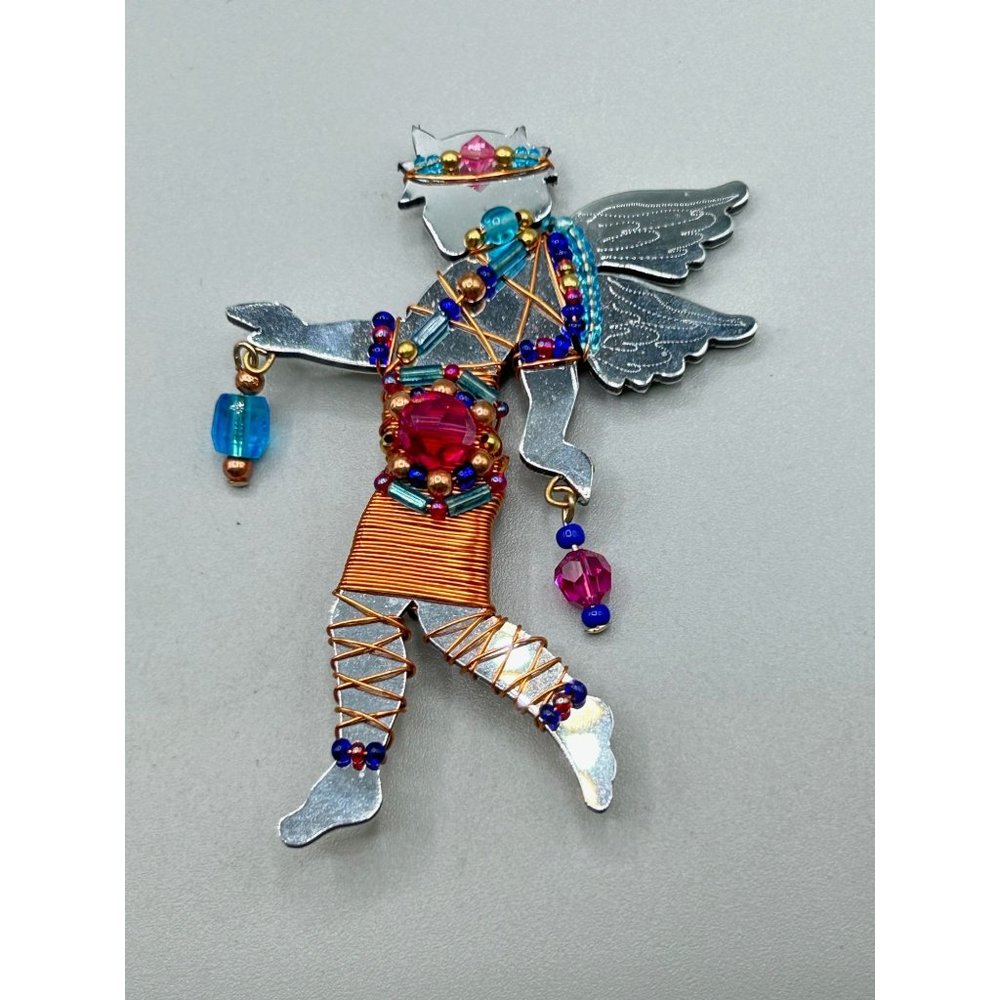 Vintage LIZTECH Woodland Sprite Brooch Angel Fairy Pin Winged Mirrored Handwired - Picture 2 of 5